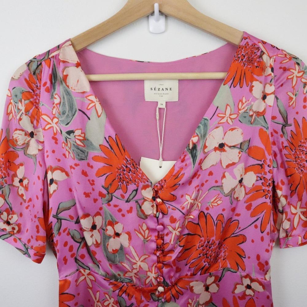 NEW Sezane Sola Dress 34 US 2 Silk Floral Pink - Picture 5 of 11